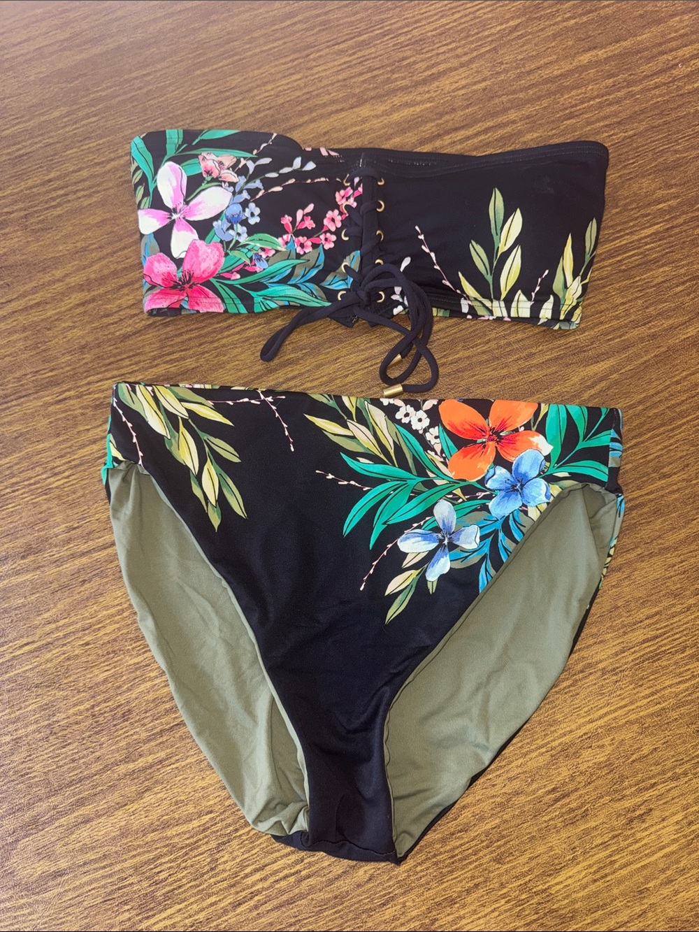 Vince Camuto Black Floral Bandeau Bikini Set with Floral Accents